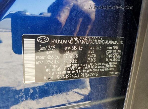 5NMS24AJ1PH542946 2023 HYUNDAI SANTA Синий Вид наклейки с VIN-кодом