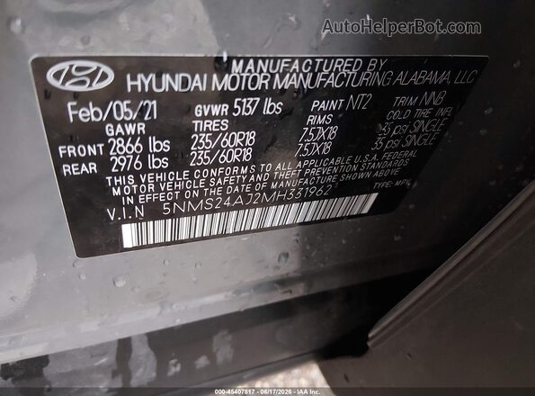 5NMS24AJ2MH331962 2021 HYUNDAI SANTA FE Gray Շարժիչի բաժամունքի տեսք