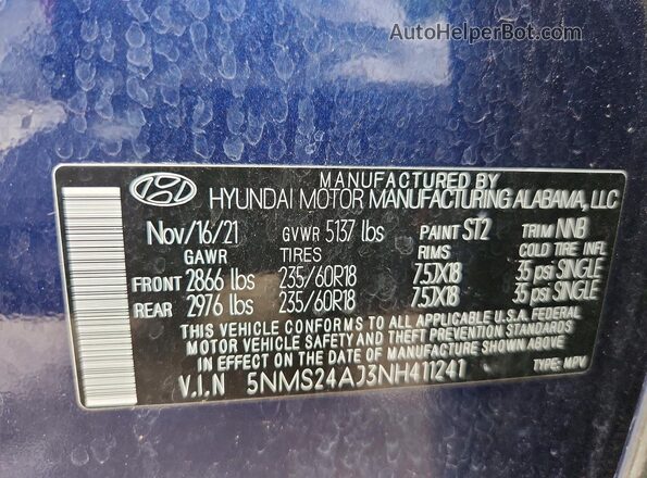 5NMS24AJ3NH411241 2022 HYUNDAI SANTA Blue VIN կոդի պիտակի տեսք