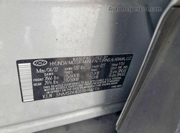 5NMS24AJ5NH462126 2022 HYUNDAI SANTA Silver Widok naklejki z numerem VIN