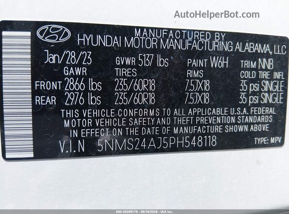 5NMS24AJ5PH548118 2023 HYUNDAI SANTA FE White Вид підкапотного простору