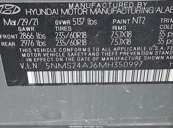 5NMS24AJ6MH350997 2021 HYUNDAI SANTA FE Серый Вид подкапотного пространства
