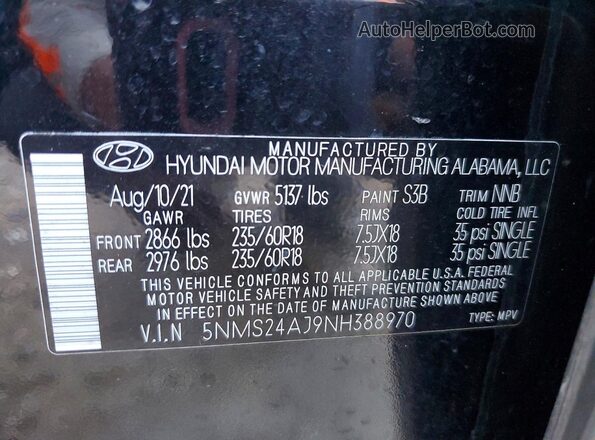 5NMS24AJ9NH388970 2022 HYUNDAI SANTA Black Widok komory silnika
