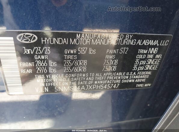 5NMS24AJXPH545747 2023 HYUNDAI SANTA FE Синий Вид подкапотного пространства