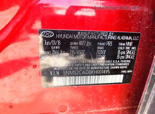 5NMS2CAD0KH001495 2019 HYUNDAI SANTA Красный 