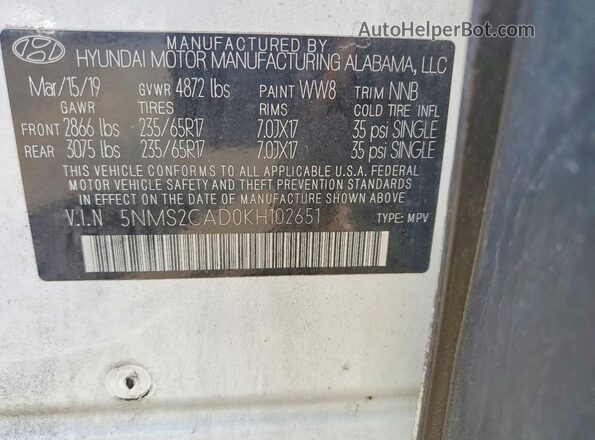 5NMS2CAD0KH102651 2019 HYUNDAI SANTA White VIN კოდის სტიკერის ხედი