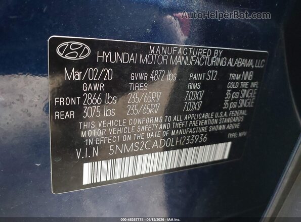 5NMS2CAD0LH233936 2020 HYUNDAI SANTA FE Dark Blue Widok komory silnika