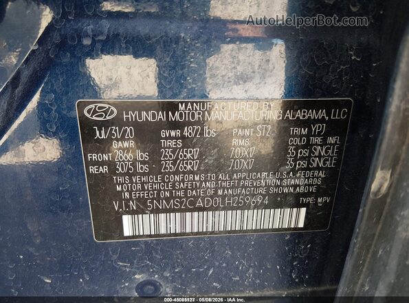 5NMS2CAD0LH259694 2020 HYUNDAI SANTA FE Синий 