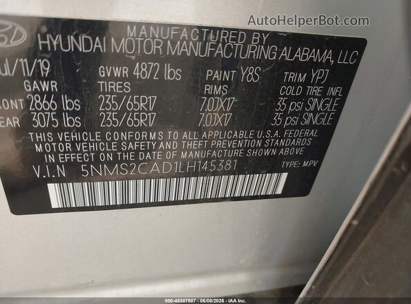 5NMS2CAD1LH145381 2020 HYUNDAI SANTA FE Silver Vista del compartimento del motor