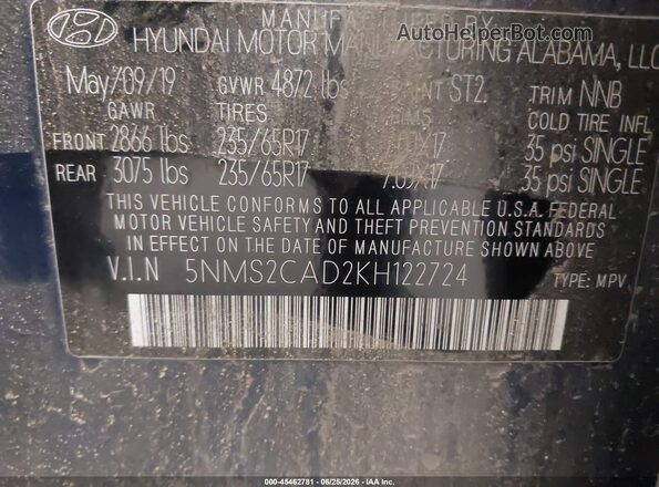 5NMS2CAD2KH122724 2019 HYUNDAI SANTA FE Синий Вид подкапотного пространства