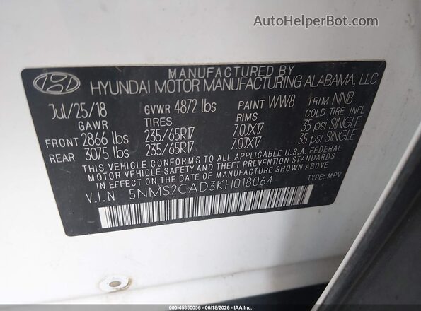 5NMS2CAD3KH018064 2019 HYUNDAI SANTA FE White Engine compartment view
