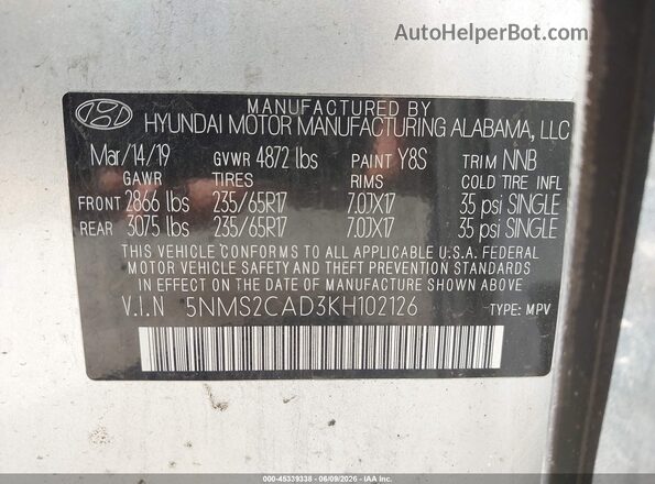 5NMS2CAD3KH102126 2019 HYUNDAI SANTA FE Серебряный Вид подкапотного пространства