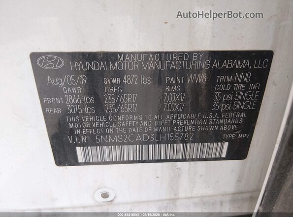 5NMS2CAD3LH155782 2020 HYUNDAI SANTA FE White Vista del compartimento del motor
