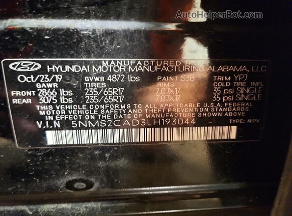 5NMS2CAD3LH193044 2020 HYUNDAI SANTA Black Vista de la etiqueta del VIN