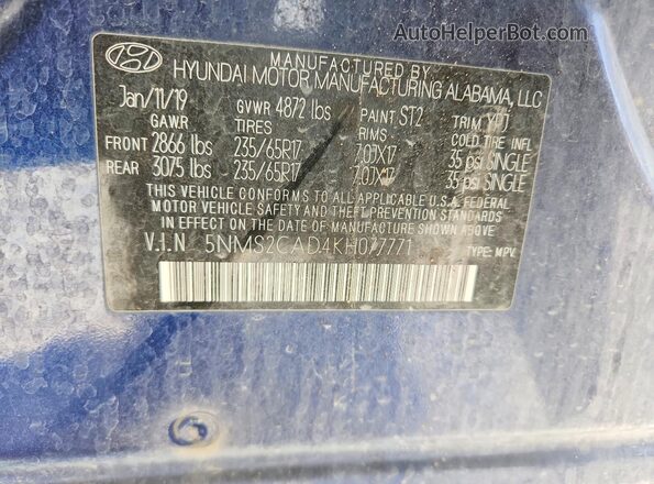 5NMS2CAD4KH077771 2019 HYUNDAI SANTA Blue 