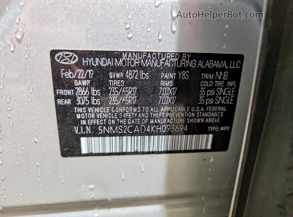 5NMS2CAD4KH093694 2019 HYUNDAI SANTA Silver VIN კოდის სტიკერის ხედი
