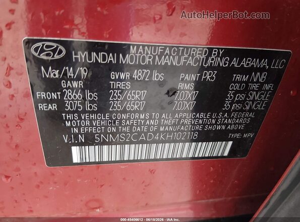 5NMS2CAD4KH102118 2019 HYUNDAI SANTA FE Красный Вид подкапотного пространства