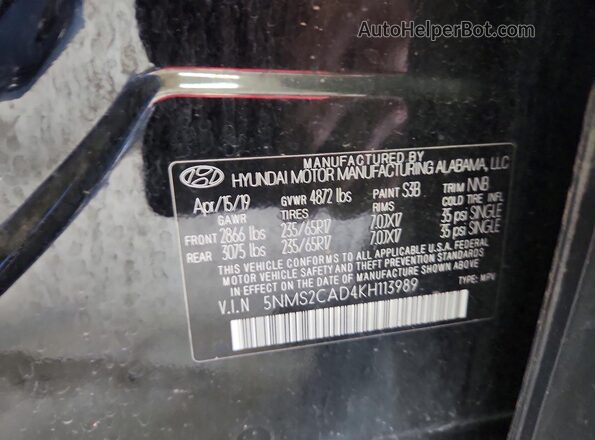 5NMS2CAD4KH113989 2019 HYUNDAI SANTA Black Vista de la etiqueta del VIN