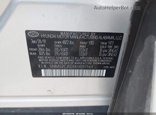 5NMS2CAD5KH083563 2019 HYUNDAI SANTA FE Silver Շարժիչի բաժամունքի տեսք