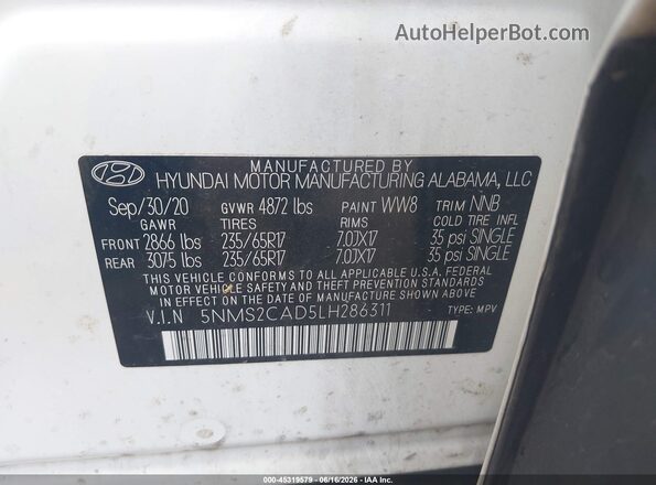 5NMS2CAD5LH286311 2020 HYUNDAI SANTA FE White ძრავის განყოფილების ხედი