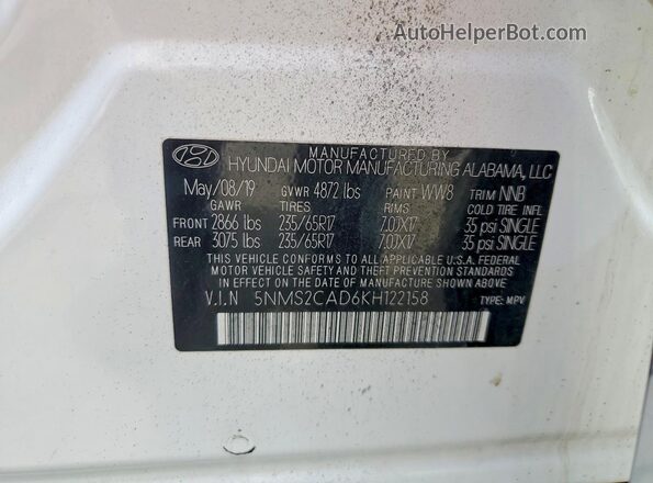 5NMS2CAD6KH122158 2019 HYUNDAI SANTA White 