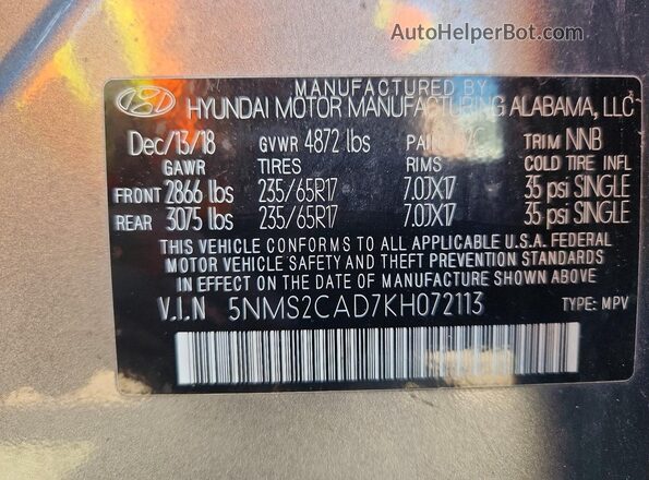 5NMS2CAD7KH072113 2019 HYUNDAI SANTA Gray Vista de la etiqueta del VIN