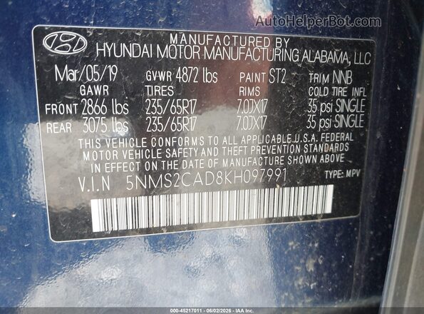 5NMS2CAD8KH097991 2019 HYUNDAI SANTA FE Синий Вид подкапотного пространства