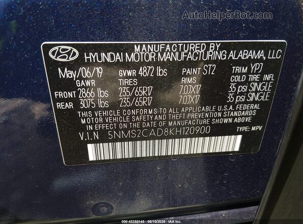 5NMS2CAD8KH120900 2019 HYUNDAI SANTA FE Blue Vista del compartimento del motor