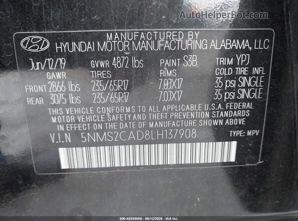 5NMS2CAD8LH137908 2020 HYUNDAI SANTA FE Черный Вид подкапотного пространства