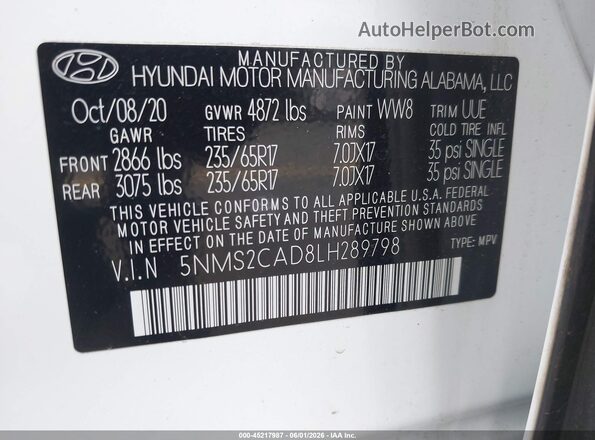 5NMS2CAD8LH289798 2020 HYUNDAI SANTA FE White Vista del compartimento del motor