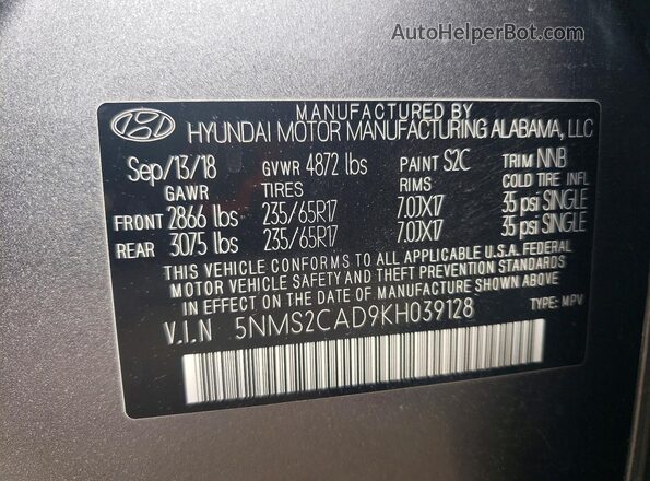 5NMS2CAD9KH039128 2019 HYUNDAI SANTA Gray Панорамний вид салону 360°