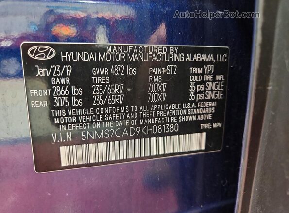 5NMS2CAD9KH081380 2019 HYUNDAI SANTA Blue 