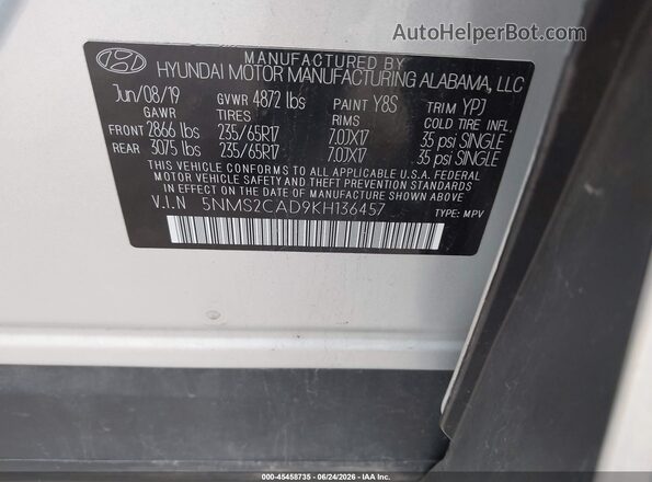5NMS2CAD9KH136457 2019 HYUNDAI SANTA FE Silver ძრავის განყოფილების ხედი