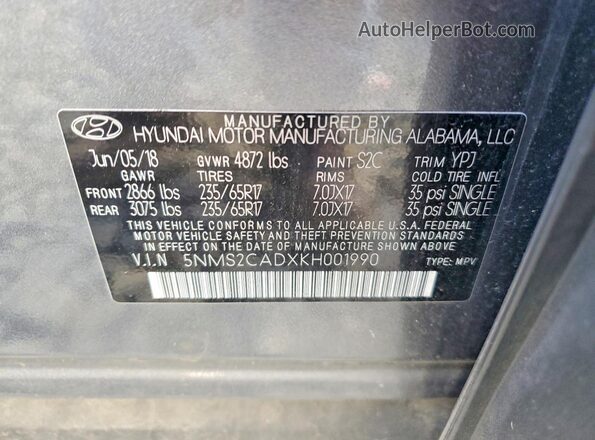 5NMS2CADXKH001990 2019 HYUNDAI SANTA Silver VIN კოდის სტიკერის ხედი