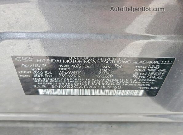 5NMS2CADXKH109168 2019 HYUNDAI SANTA Gray 