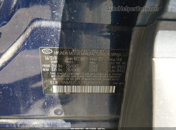 5NMS2CADXLH145542 2020 HYUNDAI SANTA FE Blue Вид підкапотного простору