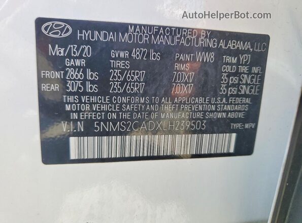 5NMS2CADXLH239503 2020 HYUNDAI SANTA White 