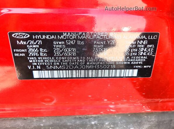 5NMS2DAJ0MH350218 2021 HYUNDAI SANTA Red Vista de la etiqueta del VIN