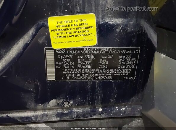 5NMS2DAJ0NH397685 2022 HYUNDAI SANTA FE Синий Вид подкапотного пространства