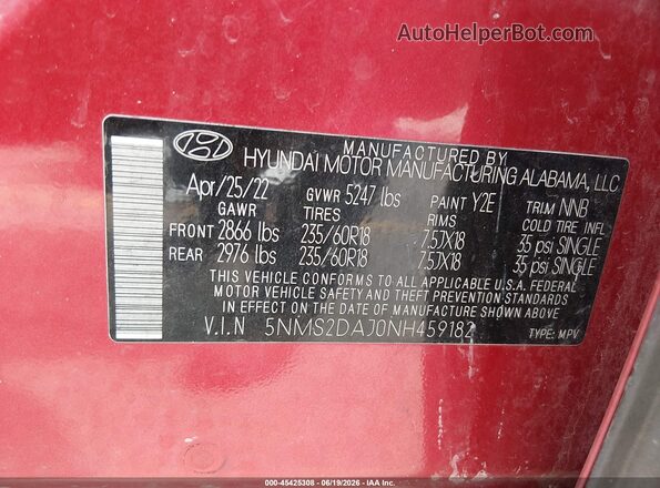 5NMS2DAJ0NH459182 2022 HYUNDAI SANTA FE Красный Вид подкапотного пространства