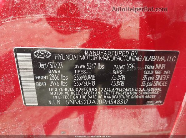 5NMS2DAJ0PH548317 2023 HYUNDAI SANTA FE Red Շարժիչի բաժամունքի տեսք