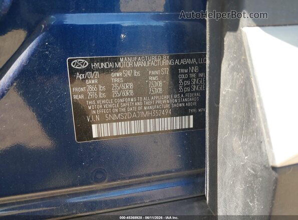 5NMS2DAJ1MH352494 2021 HYUNDAI SANTA FE Blue ძრავის განყოფილების ხედი