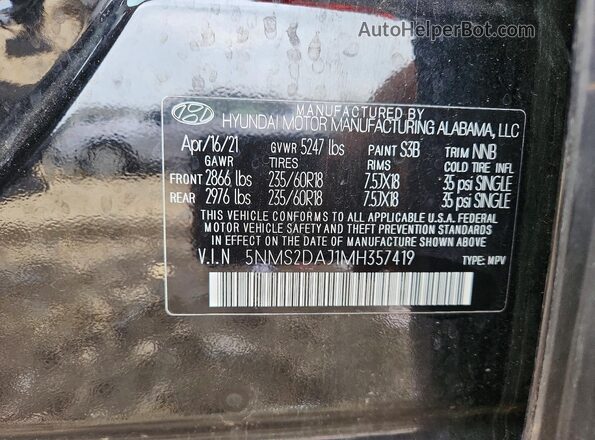 5NMS2DAJ1MH357419 2021 HYUNDAI SANTA Black Vista de la etiqueta del VIN