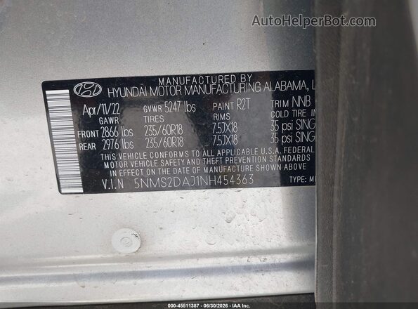 5NMS2DAJ1NH454363 2022 HYUNDAI SANTA FE Silver Շարժիչի բաժամունքի տեսք