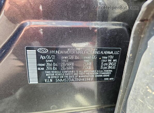 5NMS2DAJ1NH459417 2022 HYUNDAI SANTA Gray Widok naklejki z numerem VIN