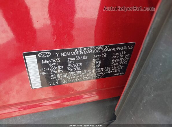 5NMS2DAJ2NH466263 2022 HYUNDAI SANTA FE Red Widok komory silnika