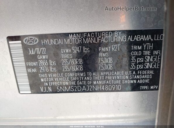 5NMS2DAJ2NH480910 2022 HYUNDAI SANTA FE Silver Engine compartment view