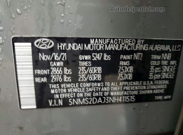 5NMS2DAJ3NH411515 2022 HYUNDAI SANTA Gray Widok wnętrza 360 stopni