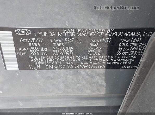 5NMS2DAJ3NH460195 2022 HYUNDAI SANTA FE Gray Engine compartment view