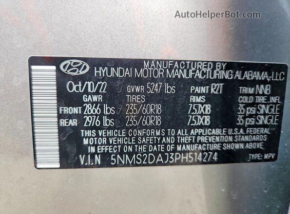 5NMS2DAJ3PH514274 2023 HYUNDAI SANTA Silver Вид наклейки з VIN-кодом